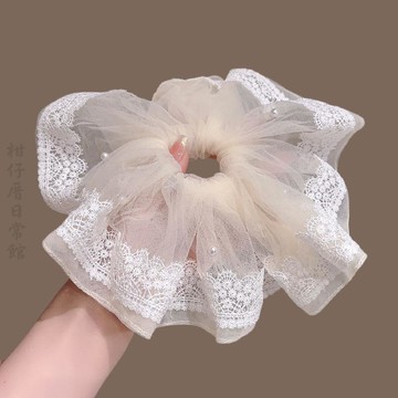 🔥2件9折🍊臺北出貨🍊可開發票白色法式蕾絲珍珠網紗大腸髮圈溫柔氣質扎頭髮馬尾頭繩頭花髮繩女