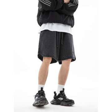 WOODSOON美式牛仔短褲夏季寬松男士抽繩潮牌水洗復古繡花男五分褲