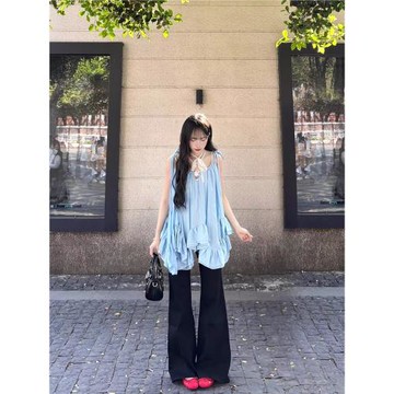 不規則荷葉邊藍色吊帶背心女裝夏季新款海邊出游度假絕美無袖短裙