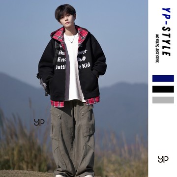 【超絕質感！台灣出貨】重磅 格子拼接連帽衛衣 男女 春秋季 國潮牌 百搭情侶款 開衫外套