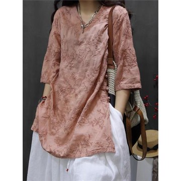 中長款開叉t恤女2025夏季新款復古苧麻刺繡襯衫高級感寬松v領上衣