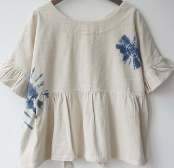 【棉麻手工藍染】圓領喇叭袖上衣