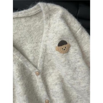 可愛小熊V領秋冬新款寬松毛茸茸針織開衫毛衣女慵懶感上衣外套