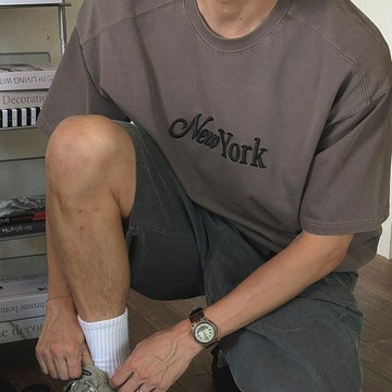正韓New York刺繡堅挺復古水洗棉短袖T恤 3色 YUPPIE 預購商品 0714