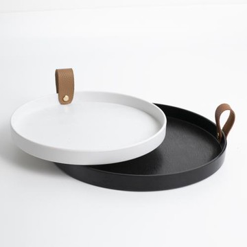 北歐木紋皮革塑料圓形托盤家用水杯收納盤香薰桌面置物盤茶盤