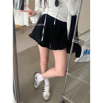 清倉特價~檸檬綠茶木耳邊松緊腰抽繩休閑短褲女士春夏百搭闊腿褲