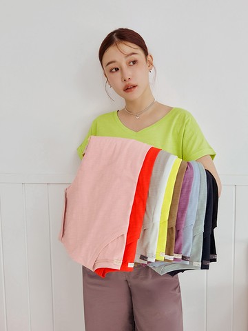 多色V領竹節棉寬鬆側開衩短袖上衣