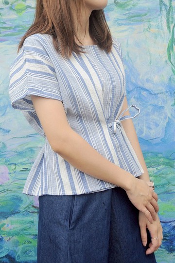 Twiggy Blouse 條紋方領交疊束腰上衣-藍白色