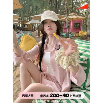 PPHOME自制~夏日代名詞 襯衫套裝百搭夏季防曬長袖襯衫+寬松短褲