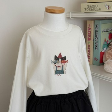 110-160 秋冬選品 ✦ 童趣小貓插畫純白長袖T恤