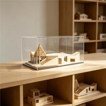 現代木質建筑模型擺件藝術工藝品樣板房書房桌面亞克力罩裝飾擺設