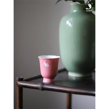 大魚美器玉兔花口粉杯女士茶杯陶瓷杯景德鎮純手工主人杯閨蜜禮物
