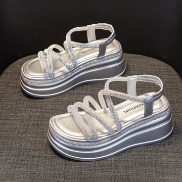 羅馬涼鞋女2025年夏季新款水鉆時尚百搭厚底增高小個子休閑涼鞋