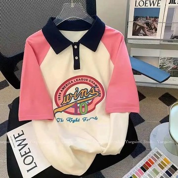 女童新款短袖撞色POLO衫夏季韓系印花寬鬆t恤中大童帶領洋氣上衣 可愛卡通上衣 中小童打底衫 女童短袖T恤 女童上衣