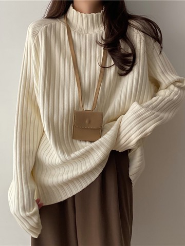 半高領白色毛衣女秋冬日系復古慵懶寬松上衣外套大衣內搭打底衫冬