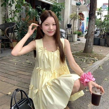 限時下殺 韓系 無袖連衣裙 連衣裙 裙子 新款法式少女連衣裙蝴蝶結無袖夏季2026氣質小個子短裙海邊度假嚴選