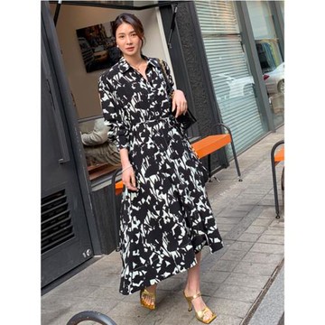 秋季新款大碼女裝歐美風襯衫領優雅時尚幾何圖案過膝長款連衣裙