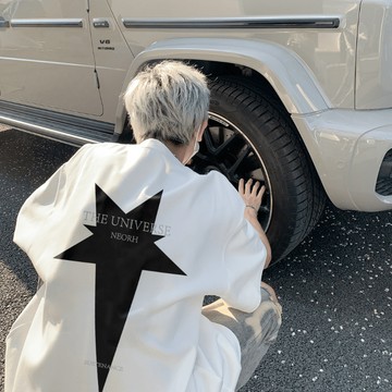 【隔日到貨】重磅純棉t恤 潮流美式星星印花短袖 夏季新款休閒百搭寬鬆落肩短t 加大尺碼oversize短袖T恤