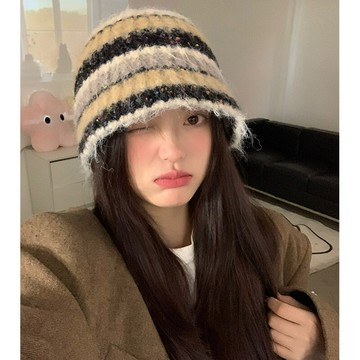 條紋帽子女2024新款冬季保暖針織帽護耳百搭韓版時尚毛線帽大頭圍