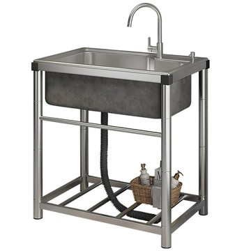 陽臺水槽304不銹鋼曬臺落地洗手盆洗衣出租房水池戶外帶支架池B^t[DD160109]