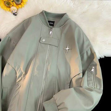 美式vintage棒球服男款春秋新款潮流飛行員夾克PU皮衣機車服外套