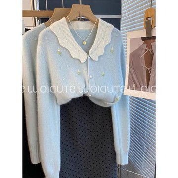 精致甜美減齡刺繡小花拼色翻領蜜熊絨針織衫女2025秋冬款毛衣開衫