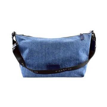 [平輸版] 【COACH】丹寧藍布質拼接深藍素面皮革後拉鍊袋大款水餃斜背男包 真品平輸