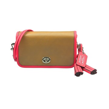 COACH摩卡螢光紅雙色全皮流蘇旋釦翻合磚型小款斜背包 (展示品-皮痕明顯)