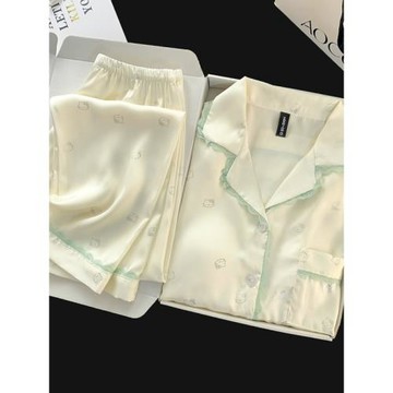 春秋季新款長袖奶白蕾絲KT貓胸墊冰絲薄款睡衣可外穿家居服兩件套