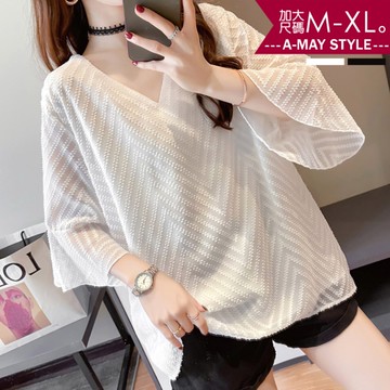 加大碼 上衣 顯瘦V領寬鬆飄逸雪紡衫(M-XL)