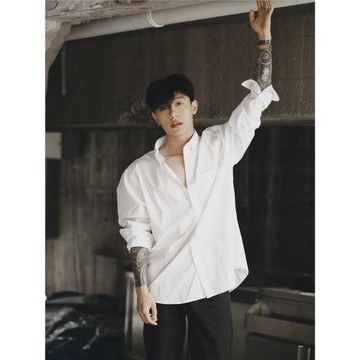 純白色冰絲襯衫男設計感高級感痞帥長袖襯衣英倫雅痞男裝韓版外套