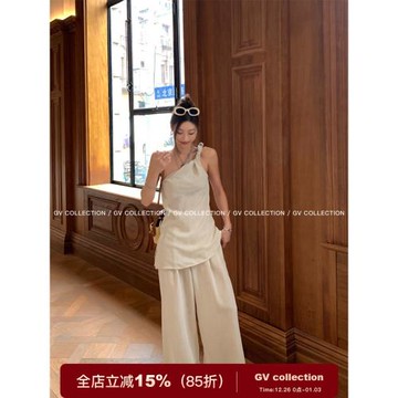 GV大白哥 高智茶系 慵懶斜肩休閑上衣寬松西褲休閑褲通勤套裝女
