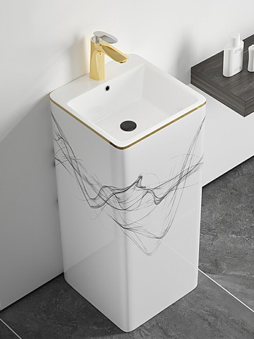 北歐立柱盆金邊洗手盆落地式洗手臺盆陶瓷洗臉盆一體連體盆/洗漱臺/洗手臺/洗臉臺/浴室盆/落地盆/陶瓷盆/立柱洗手臺