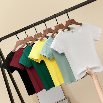 圓領ins短袖小個子T恤女修身顯瘦上衣學生純色運動打底衫