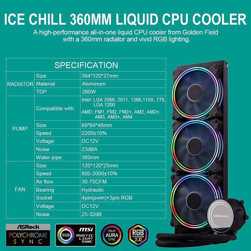 GOLDEN FIELD IC360 簡易水冷CPUクーラー 3 x 120mm ARGB PWMファン