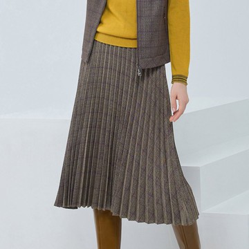 ILEY伊蕾 復古格紋壓摺長裙(深咖色；M-XL)1233012201