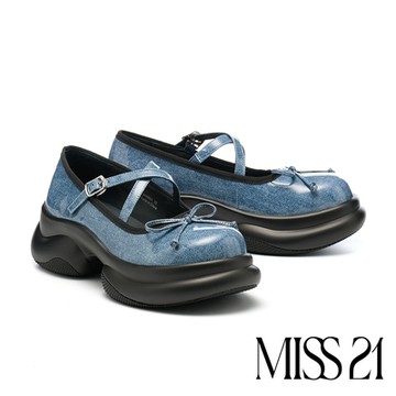 厚底鞋 MISS 21 甜酷風蝴蝶結交叉繫帶丹寧漆皮瑪莉珍大頭厚底鞋－藍