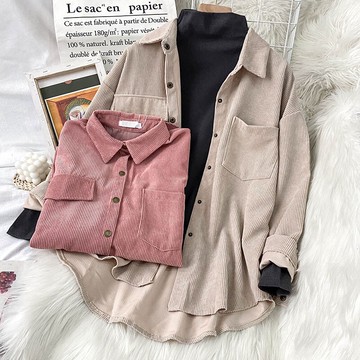 港風粉色燈芯絨襯衫女新款秋冬POLO領氣質百搭加厚上衣外套