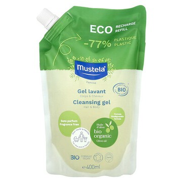 Mustela, Eco Recharge 補充裝，家庭裝，潔面凝膠，頭髮和身體，無香，400 毫升