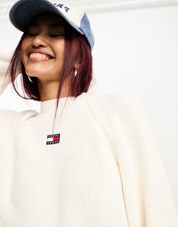 Tommy Jeans badge logo mockneck jumper in white