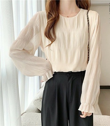 純色寬鬆蕾絲雪紡上衣