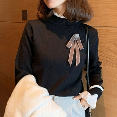 ボウタイ温かブラウス  ニットブラウス ブラウスセーター  薄手ニット 大人ファッション 大人コーデ ワンマイルコーデ ワンマイルファッション ハイネックシフォンセーター ニットブラウス ブラウスセーター