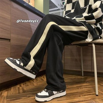 衛褲闊腿美式復古條紋休閑褲子