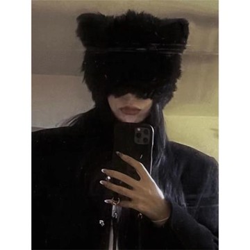 暗黑系貓女帽耳朵酷拽針織兔毛帽子女冬季黑色保暖朋克熊熊毛絨帽