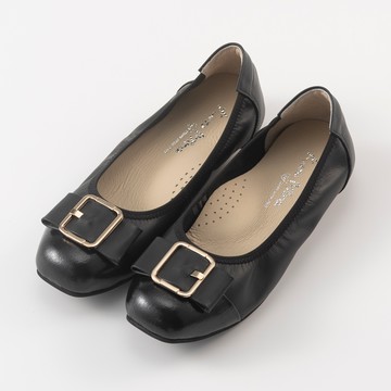 Kuru Mira溫柔小姐方頭蝴蝶結真皮娃娃鞋-墨黑