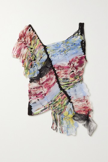 Dries Van Noten - Open-back Crochet-knit And Printed Silk-blend Chiffon Top - Light blue - small