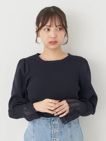 蕾絲袖口拼接彈性羅紋針織上衣(1N41L2C0600) - earth music&ecology