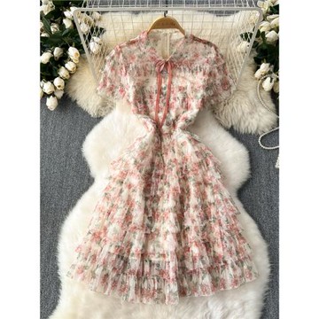 2024夏裝新款法式名媛氣質網紗印花優雅蛋糕連衣裙女輕奢別致長裙