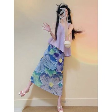 【清倉】外貿2025年夏季氣質套裝女純色上衣時尚優雅印花褶皺半裙