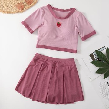 甜美粉色少女泳衣女童中大童10-15歲學生保守裙式遮肚分體游泳裝
